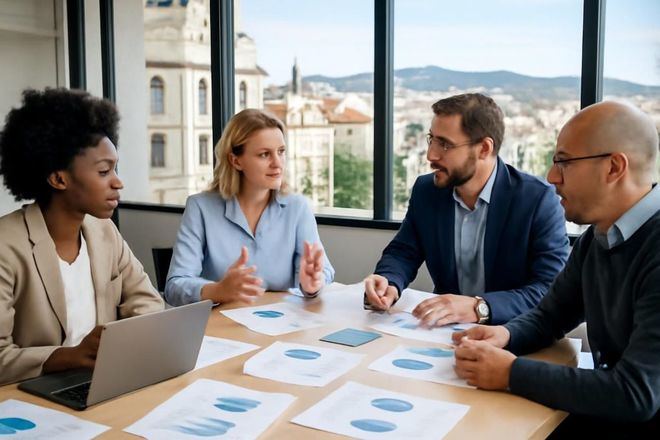 Equipo de trabajo trazando estrategias de negocio