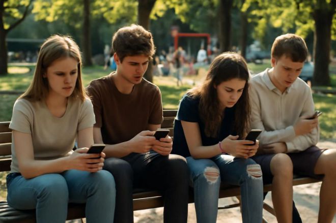 Jóvenes en un parque miran sus teléfonos, reflejando desconexión mientras otros niños juegan y ríen.