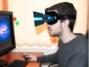 Una persona jugando delante de la pantalla de un ordenador con unas gafas de realidad aumentada