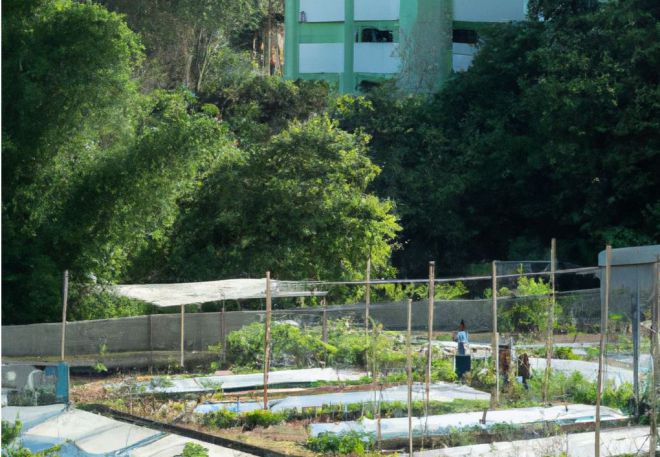 una fotografía de un paisaje urbano futurista donde edificios verdes se mezclan con naturaleza, personas colaborando en un huerto comunitario, y paneles solares brillando bajo el sol