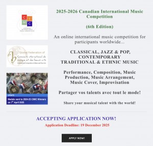 Abren inscripciones para el Concurso Internacional de Música Canadiense 2025-2026