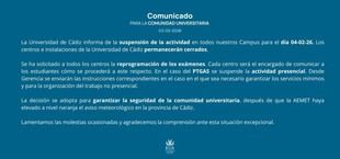 Suspensión de actividades en la Universidad de Cádiz por mal tiempo