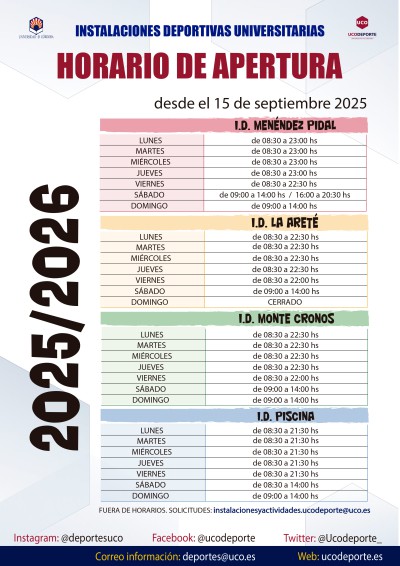 Horario de las instalaciones deportivas de la UCO para 2025-2026