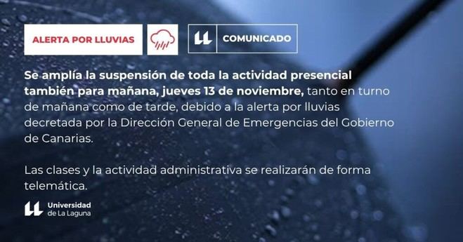 La ULL suspende toda actividad presencial por alerta meteorológica